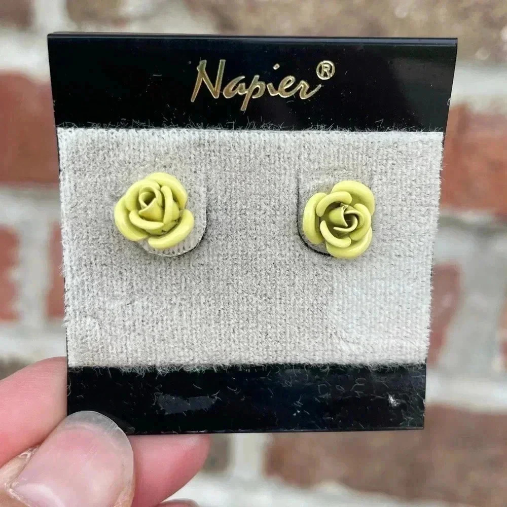 Vintage NAPIER Yellow Rose Pierced Earrings NEW Steel Posts